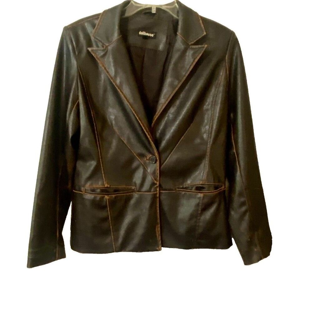 Womens Vintage Brown Faux Leather Jacket Blazer Distressed Dollhouse Size M